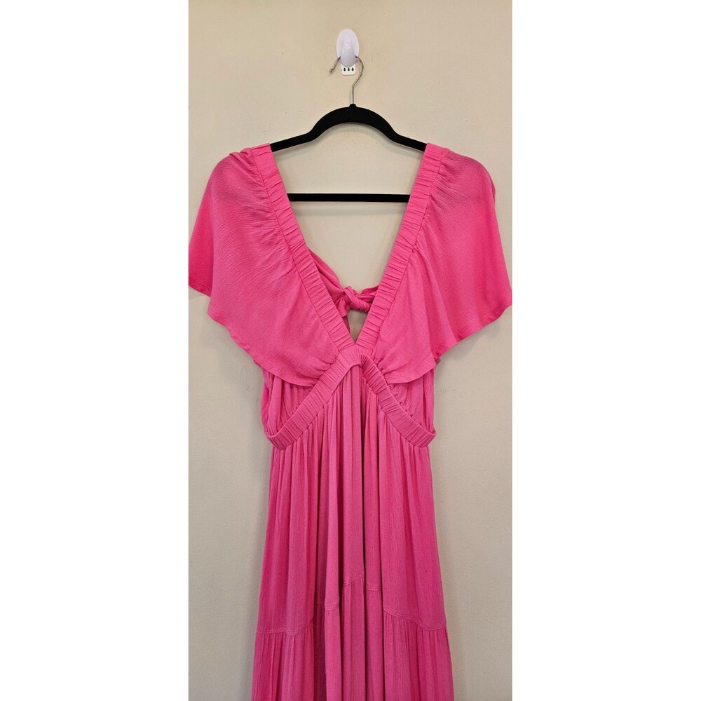 Ador Pink Maxi Dress Women Sz M Tiered Ties In Back Flutter Sleeves Babydoll